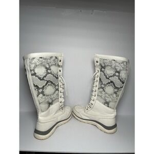 UGG Tall Snow Boots White Leather Snakeskin Print Lace Up Shearling  US 6.5